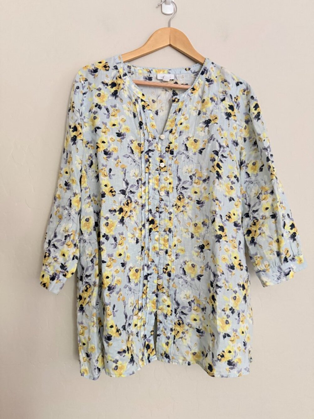 J. Jill Love Linen Sky Blue Floral Tunic Blouse Size Medium